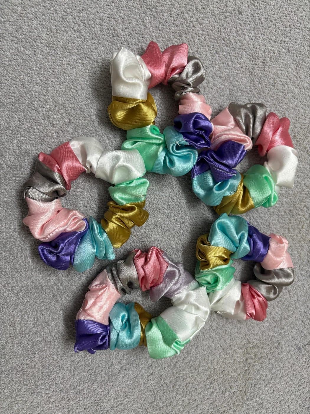 Handmade Multicolour Satin Scrunchies, soft hair ties for ponytails and buns