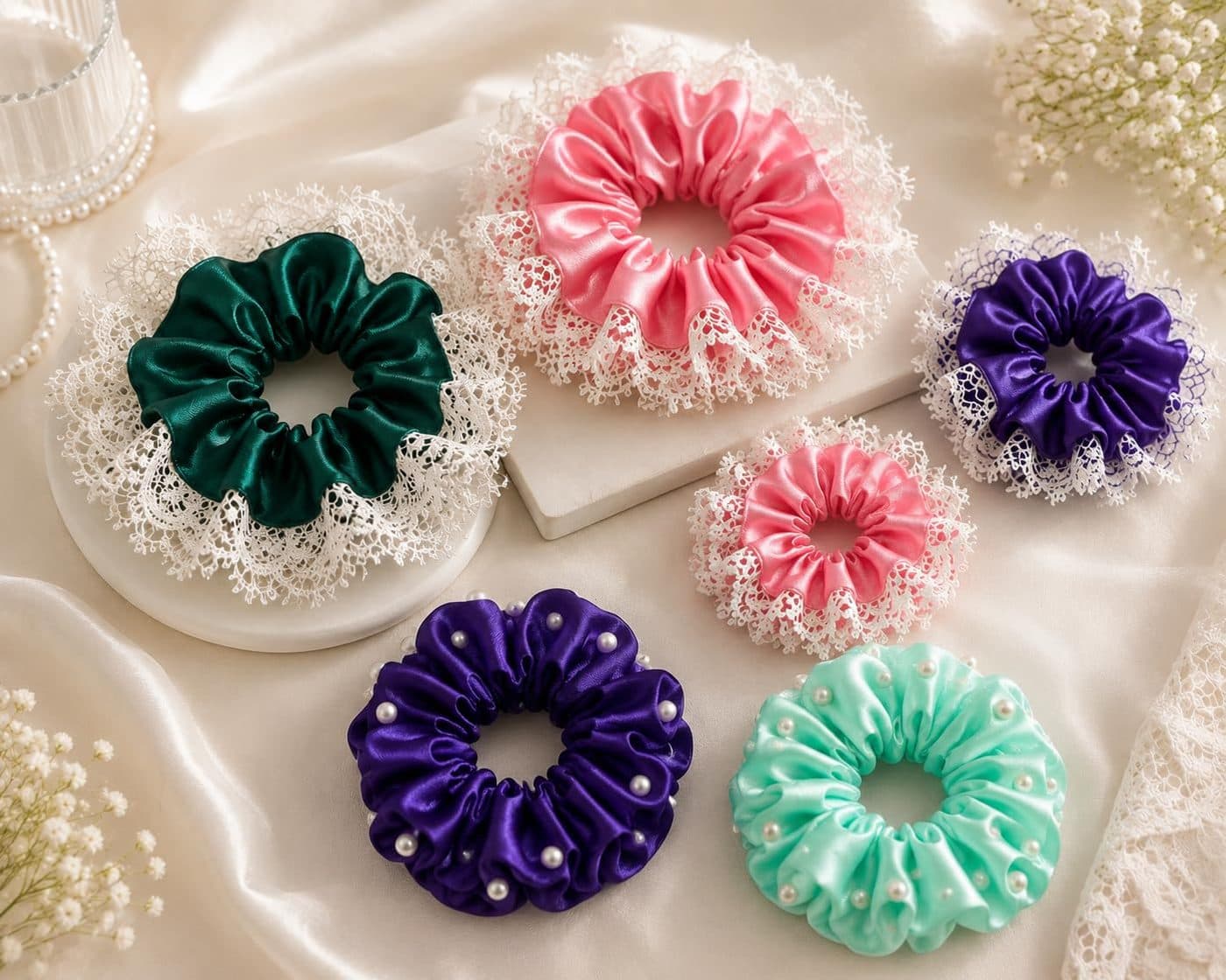 Pearl & Lace Scrunchies, pack of 6, lace and pearl trim