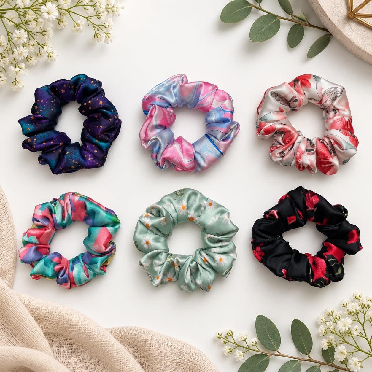 Printed Satin Scrunchies, pack of 6, four sets to choose from