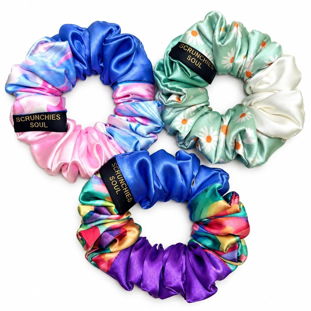 Royal Edge Luxury Satin Hair Scrunchies, pack of 3, two sets to choose from