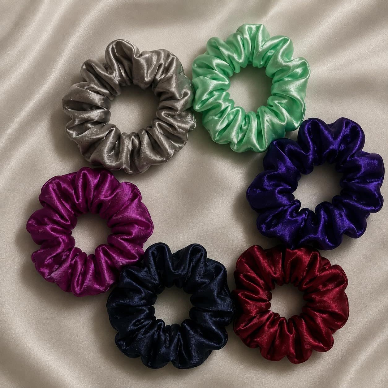 Satin Scrunchies, Small and Medium, pack of 6, two sizes
