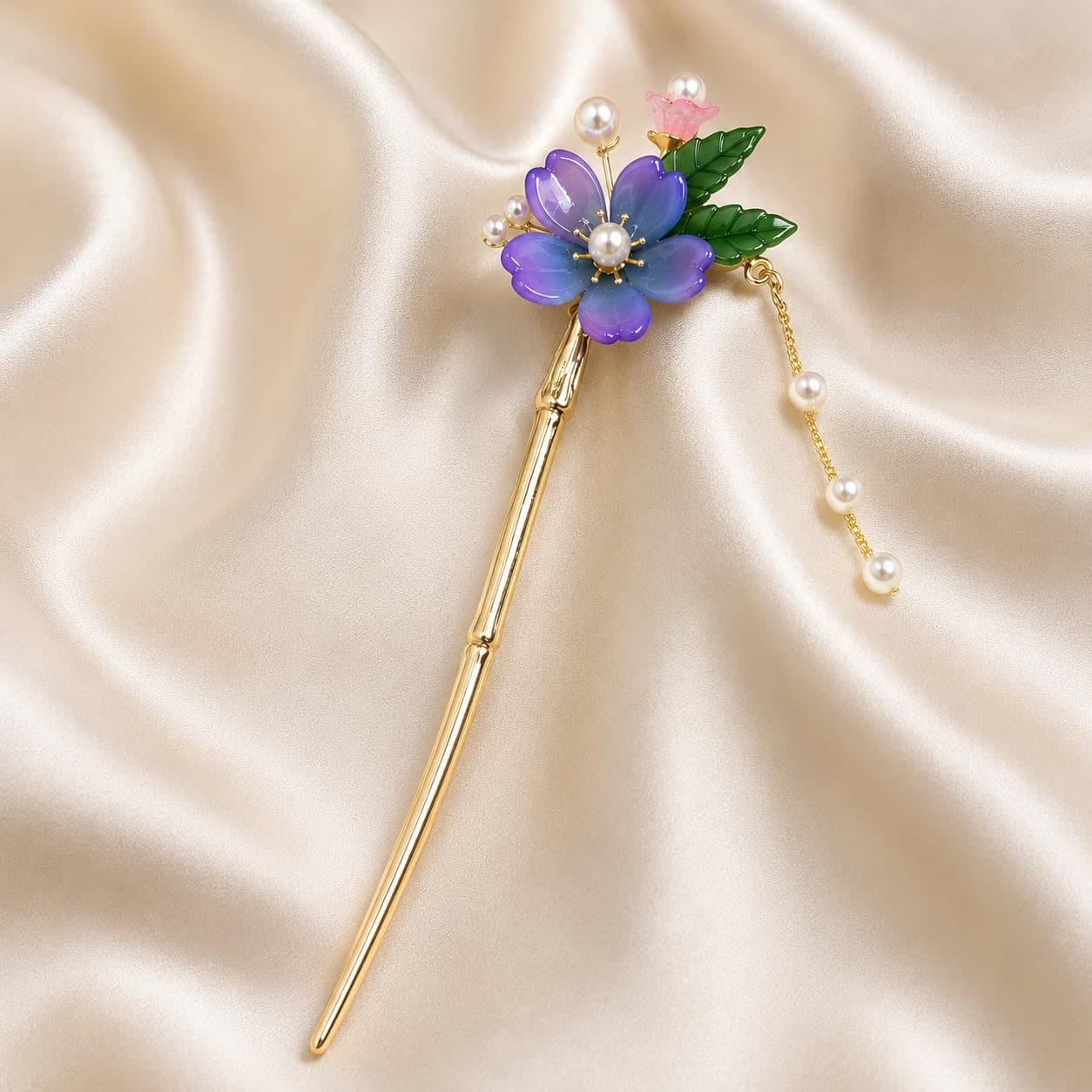 Traditional Chinese Floral Hair Pin with Pearl Chain, single pin