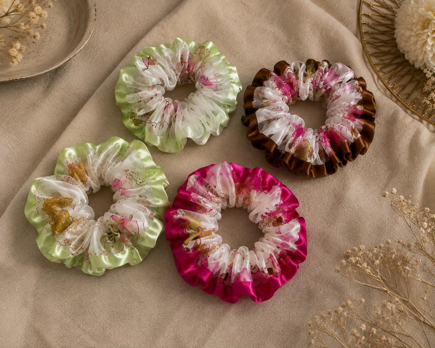 Two Tone Satin Scrunchies, pack of 4, contrasting colours